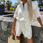 White Casual Lapel Short Romper Lace Embroidered Hollow Shirt Jumpsuit