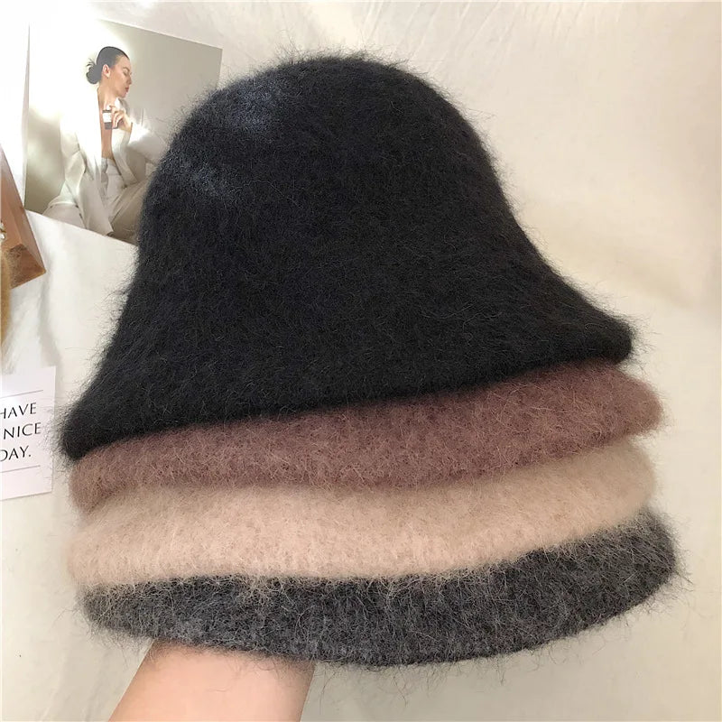 Autumn Winter Wool Fur Cap for Women Soft Warm Wool Basin Bucket Hat