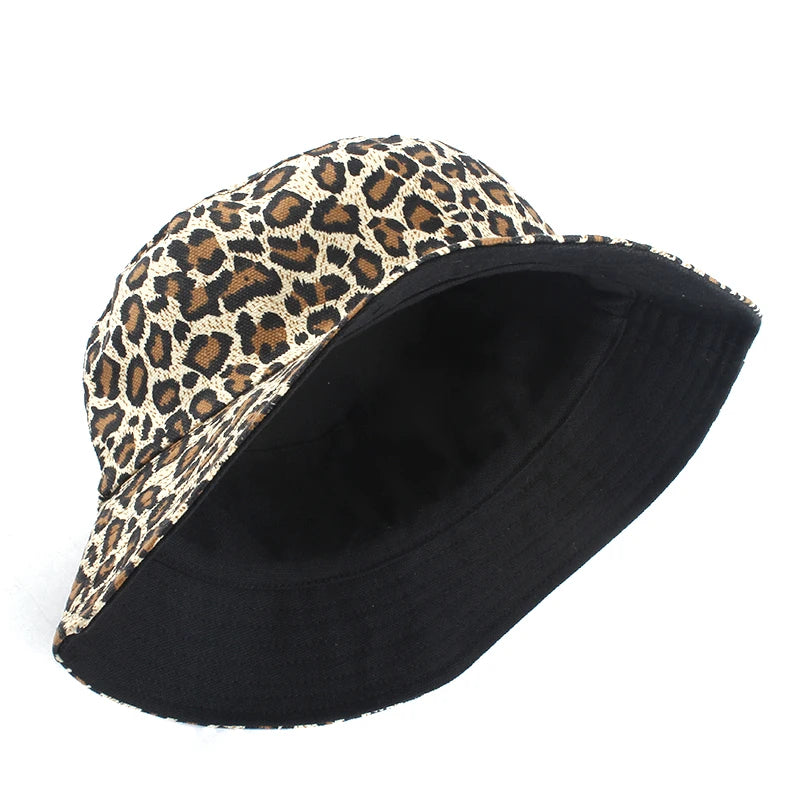 Reversible Leopard Print Bucket Hat Cotton Panama Outdoor Sun Cap