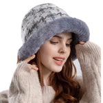 Houndstooth Winter Fur Women Bucket Hat Warm Windproof Cap