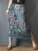 Vintage Loose Embroidery Denim Skirt Ladies Casual Floral Streetwear