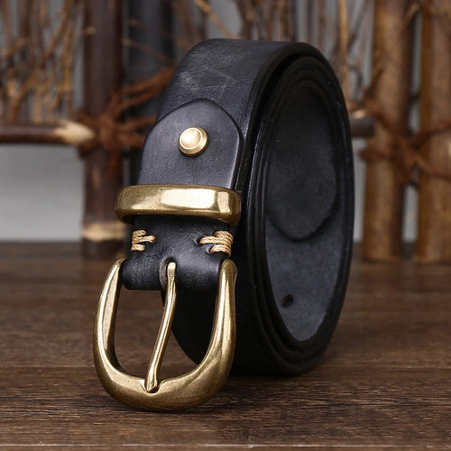 Unisex Vintage Genuine Leather Belt with Luxury Copper Buckle Pin