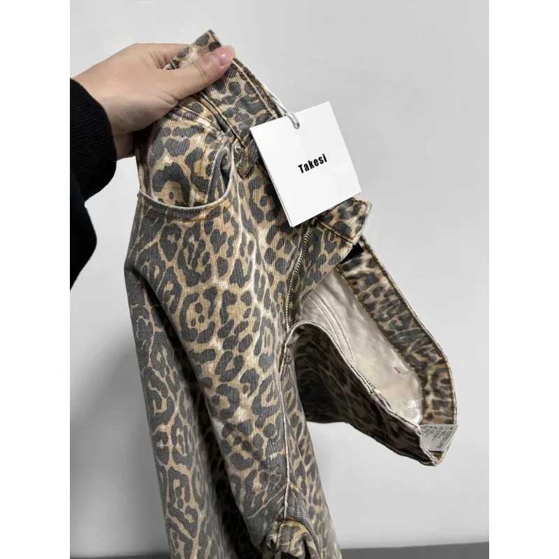 American Retro Leopard High Waist Baggy Jeans Women Casual Pants