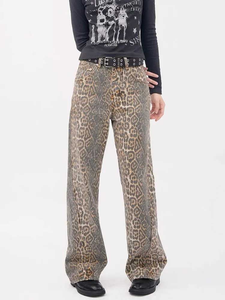 Y2k Vintage Leopard Print Loose Women Jeans Straight High Waist Jeans