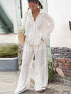 Embroidery Long Sleeve Single Breasted Shirts Wide Leg Pant Set