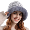 Houndstooth Winter Fur Women Bucket Hat Warm Windproof Cap