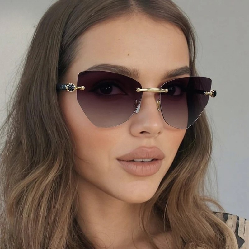 Cat Eye Rimless Sunglasses Women 2025 Luxury Brand Fashion Polygon Eyewear Punk Frameless Sun Glasses For Ladies Outdoor Shades- Arimonz