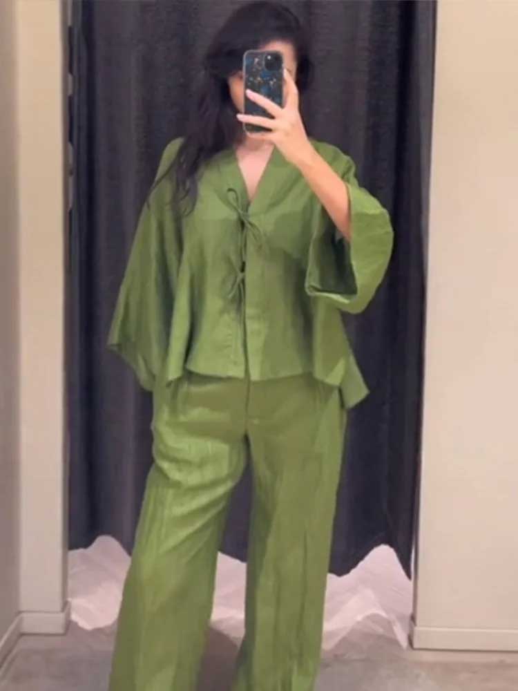 Casual Green Bow Lace Up Shirt Pant Set V-neck Long Sleeve Blouse Set