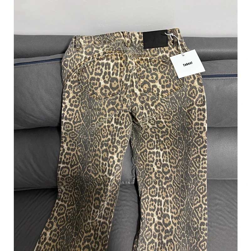 American Retro Leopard High Waist Baggy Jeans Women Casual Pants