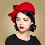 Elegant Wool Felt Beret Cap Ladies Pillbox Vintage Hat with Bow