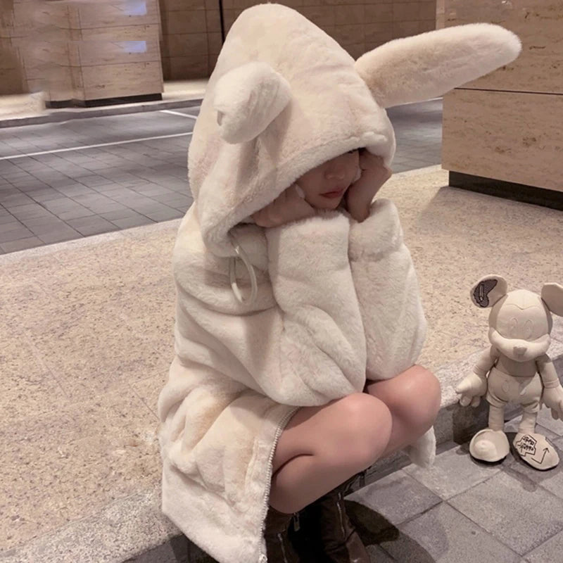 Spring Fluffy Jacket With Rabbit Ears Sleeve Zipper Faux Fur Hoodie