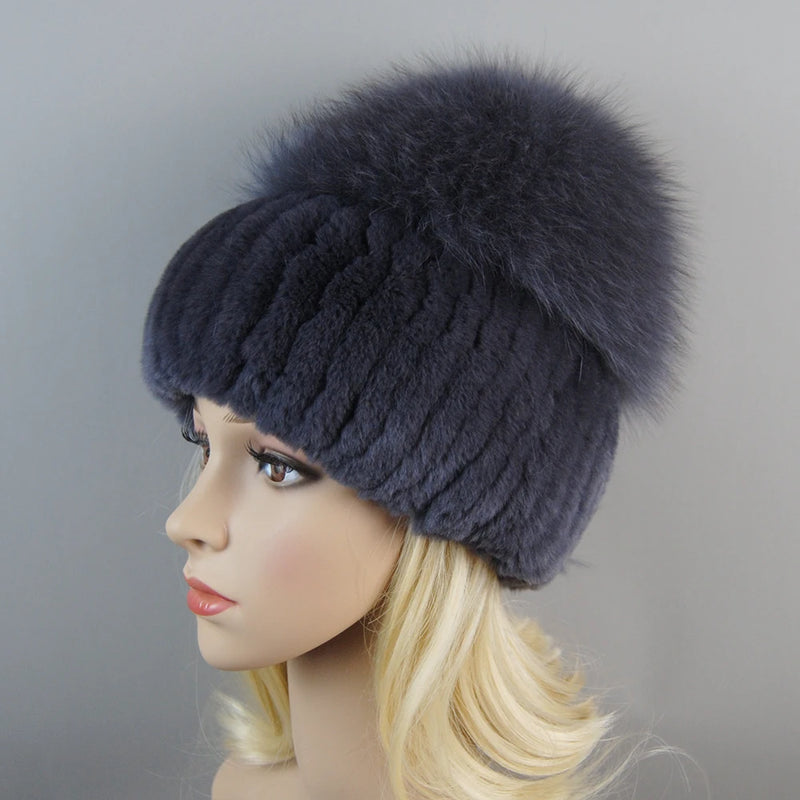 Winter Warm Real Fur Genuine Hat Bomber Beanies Cap for Women