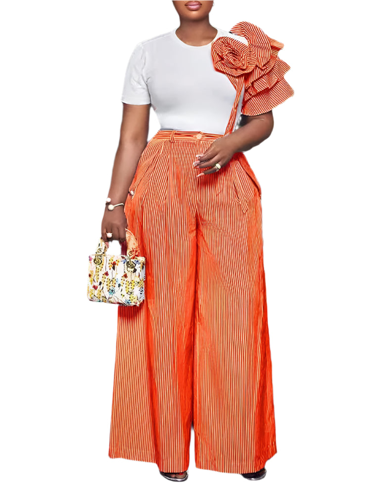 Stripe Print Flower Ruffle Sleeve Shirt Top and Wide Leg Pants 2pc Set