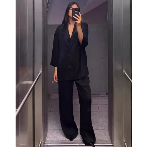 2pcs Casual Double Breasted Blazer and Wide Leg Trousers Office Outfit-Wear To Work Sets-Arimonz-Arimonz