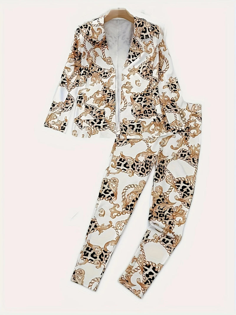 2pcs Chain Printed Double Breasted Long Sleeved Lapel Jacket and Pants-Wear To Work Sets-Arimonz-Arimonz