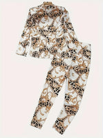 2pcs Chain Printed Double Breasted Long Sleeved Lapel Jacket and Pants-Wear To Work Sets-Arimonz-Arimonz