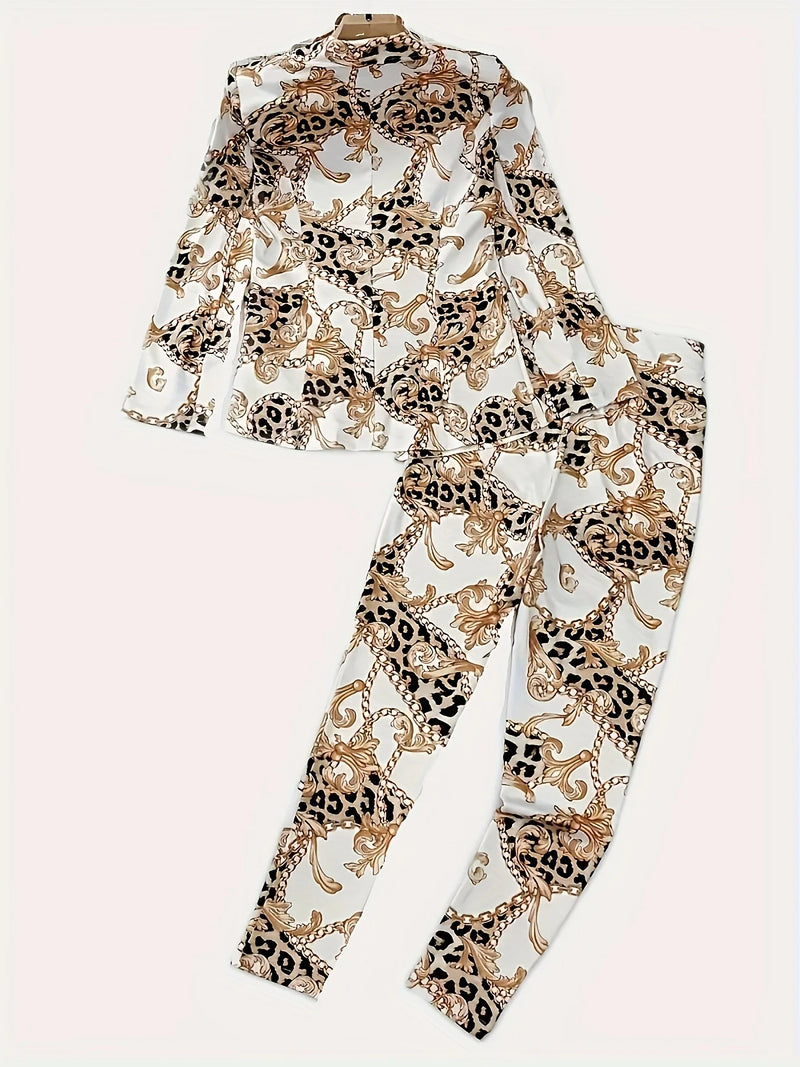 2pcs Chain Printed Double Breasted Long Sleeved Lapel Jacket and Pants-Wear To Work Sets-Arimonz-Arimonz