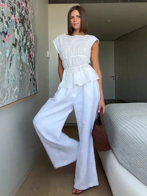 2pcs Solid Sleeveless Top With High Waist Pleated Pants Loose Outfit-Wear To Work Sets-Arimonz-Arimonz