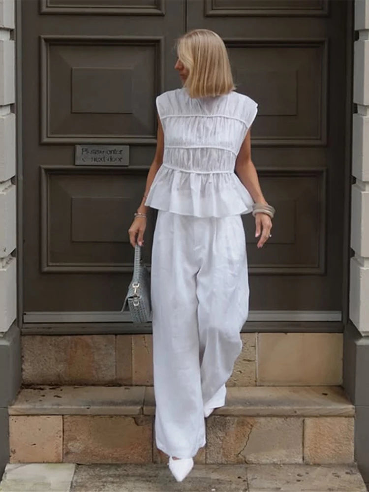 2pcs Solid Sleeveless Top With High Waist Pleated Pants Loose Outfit-Wear To Work Sets-Arimonz-Arimonz