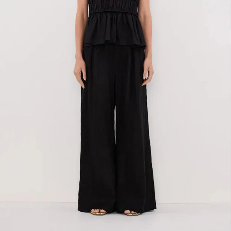 2pcs Solid Sleeveless Top With High Waist Pleated Pants Loose Outfit-Wear To Work Sets-Arimonz-black pants-S-Arimonz