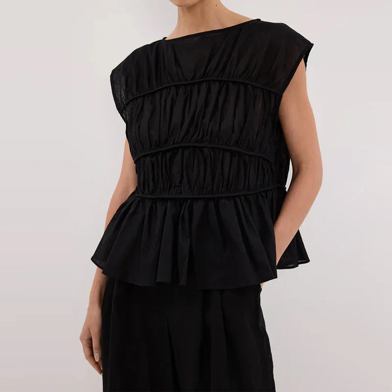 2pcs Solid Sleeveless Top With High Waist Pleated Pants Loose Outfit-Wear To Work Sets-Arimonz-black top-S-Arimonz
