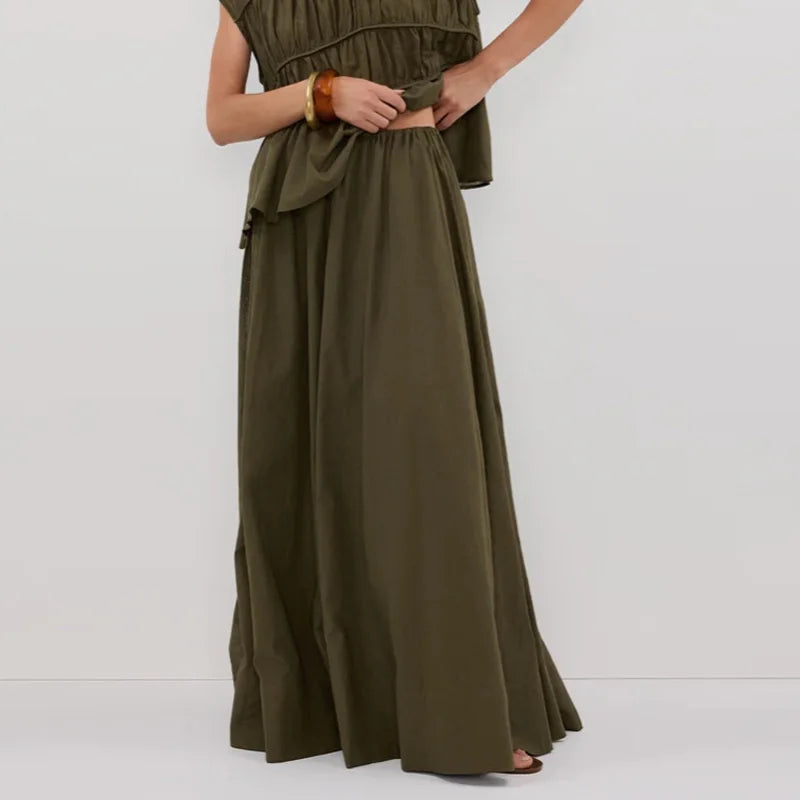 2pcs Solid Sleeveless Top With High Waist Pleated Pants Loose Outfit-Wear To Work Sets-Arimonz-green skirt-S-Arimonz