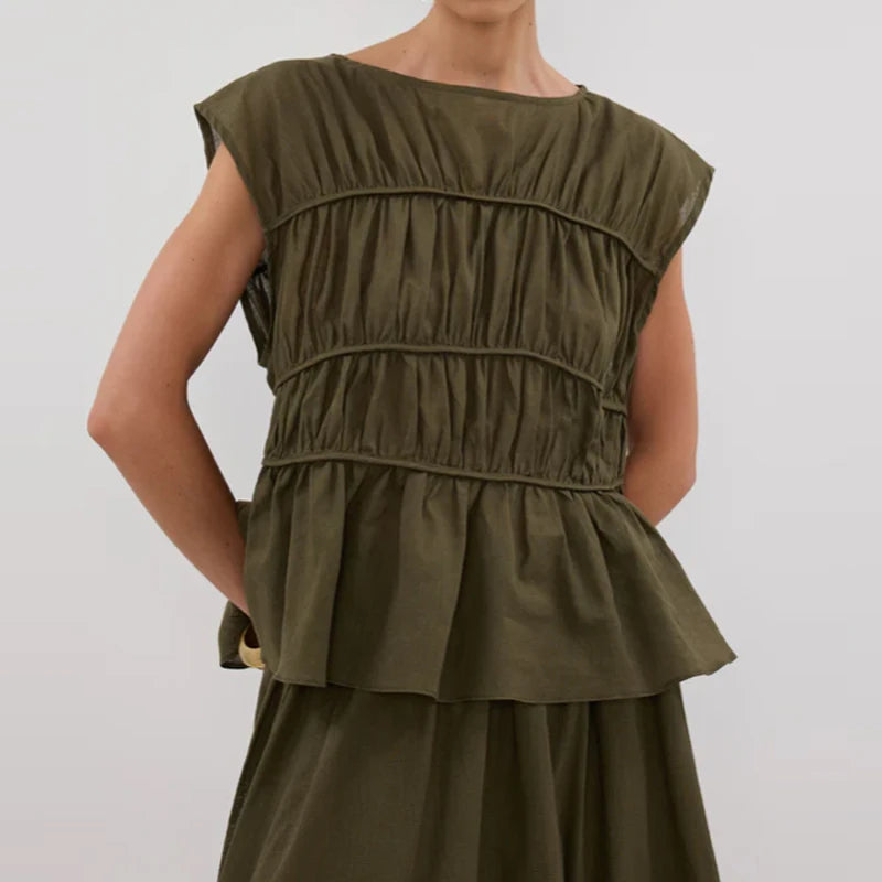 2pcs Solid Sleeveless Top With High Waist Pleated Pants Loose Outfit-Wear To Work Sets-Arimonz-green top-S-Arimonz
