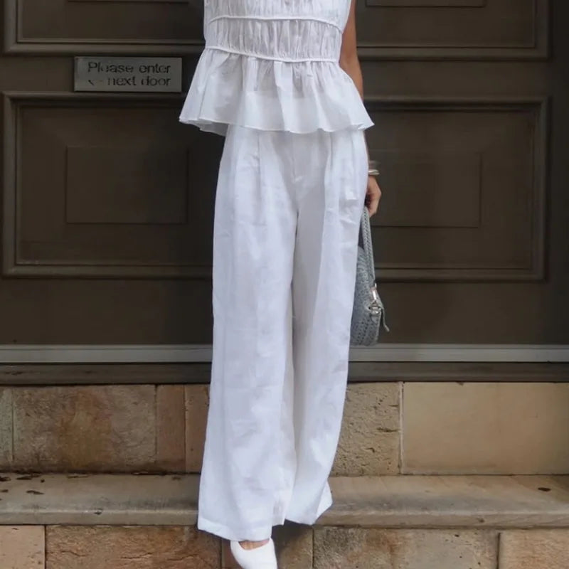 2pcs Solid Sleeveless Top With High Waist Pleated Pants Loose Outfit-Wear To Work Sets-Arimonz-white pants-S-Arimonz