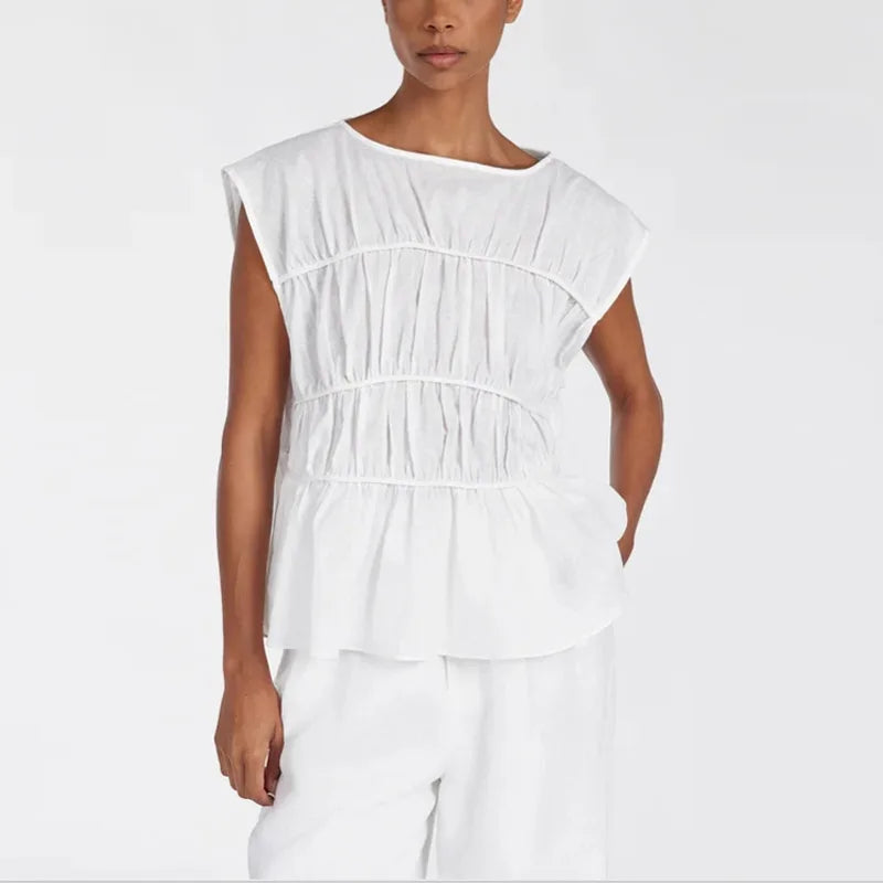 2pcs Solid Sleeveless Top With High Waist Pleated Pants Loose Outfit-Wear To Work Sets-Arimonz-white top-S-Arimonz