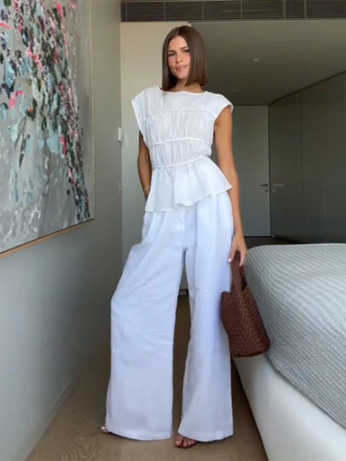2pcs Solid Sleeveless Top With High Waist Pleated Pants Loose Outfit-Wear To Work Sets-Arimonz-Arimonz