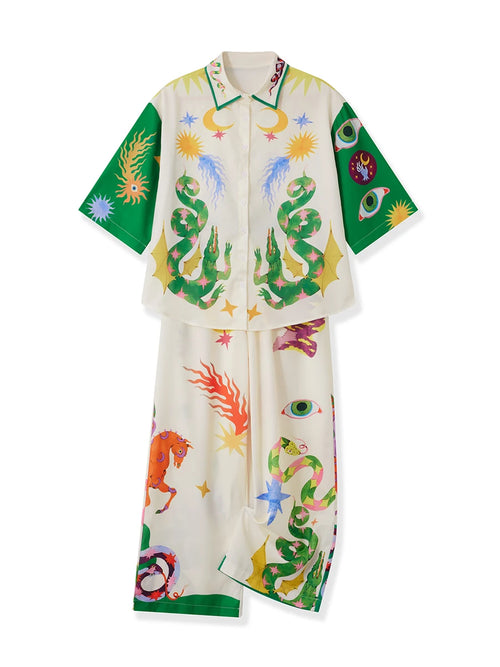 2pcs Unique Print Short Sleeve Shirt Top and Long Pants Outfit Set-Wear To Work Sets-Arimonz-Arimonz