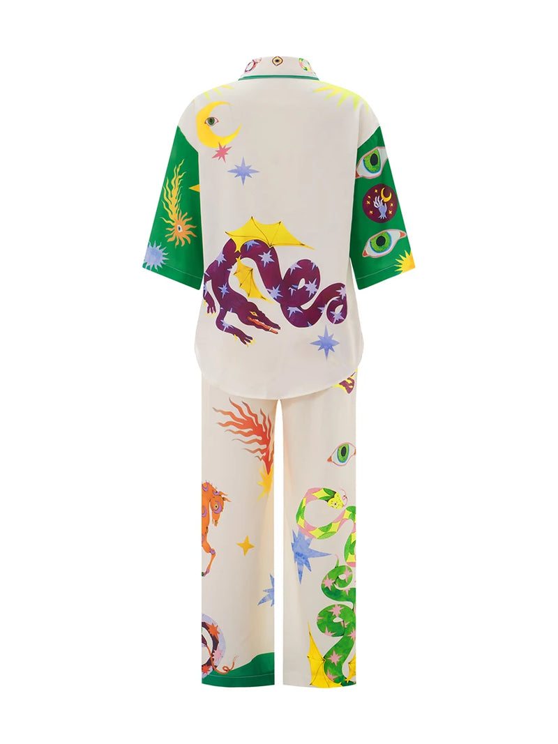 2pcs Unique Print Short Sleeve Shirt Top and Long Pants Outfit Set-Wear To Work Sets-Arimonz-Arimonz