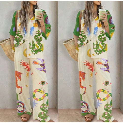 2pcs Unique Print Short Sleeve Shirt Top and Long Pants Outfit Set-Wear To Work Sets-Arimonz-MULTI-S-Arimonz