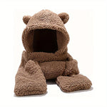 3 In 1 Winter Faux Fur Hooded Scarf Bear Ears With Gloves Plush Hat-Winter Hats-Arimonz-Arimonz