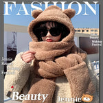 3 In 1 Winter Faux Fur Hooded Scarf Bear Ears With Gloves Plush Hat-Winter Hats-Arimonz-Arimonz