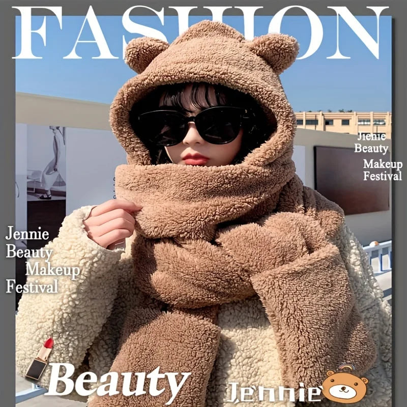 3 In 1 Winter Faux Fur Hooded Scarf Bear Ears With Gloves Plush Hat-Winter Hats-Arimonz-Arimonz