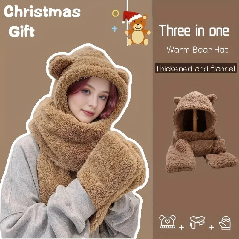 3 In 1 Winter Faux Fur Hooded Scarf Bear Ears With Gloves Plush Hat-Winter Hats-Arimonz-Arimonz