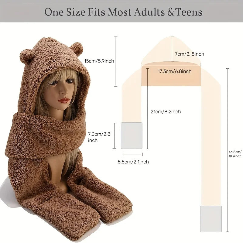 3 In 1 Winter Faux Fur Hooded Scarf Bear Ears With Gloves Plush Hat-Winter Hats-Arimonz-Arimonz