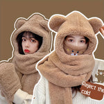 3 In 1 Winter Faux Fur Hooded Scarf Bear Ears With Gloves Plush Hat-Winter Hats-Arimonz-Arimonz
