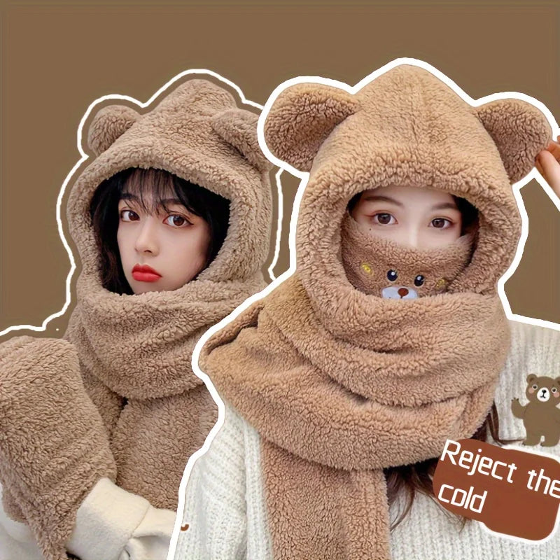 3 In 1 Winter Faux Fur Hooded Scarf Bear Ears With Gloves Plush Hat-Winter Hats-Arimonz-Arimonz