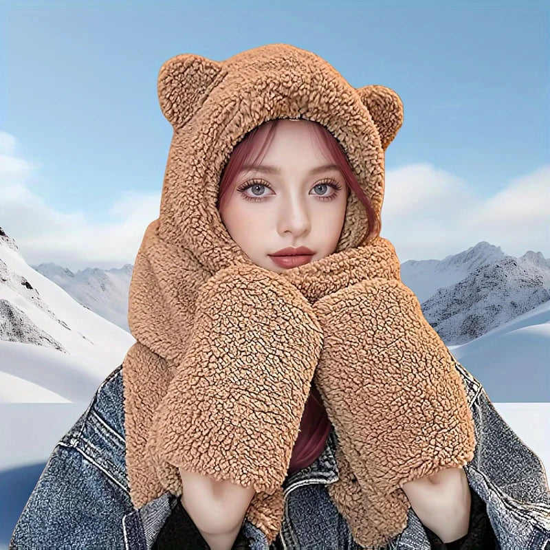 3 In 1 Winter Faux Fur Hooded Scarf Bear Ears With Gloves Plush Hat-Winter Hats-Arimonz-Arimonz