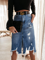 Knee Length Denim Skirt Casual Pocket High Waist Straight Denim Skirt