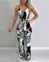 Wide Leg Jumpsuit Floral Printed Sling V-Neck Low Chest Loose Romper