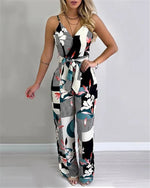 Wide Leg Jumpsuit Floral Printed Sling V-Neck Low Chest Loose Romper