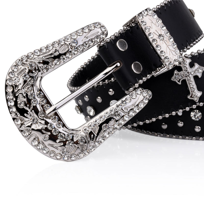 Black Cross Rivet Belt Engraved Buckle Rhinestone Décor Belt