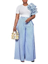 Stripe Print Flower Ruffle Sleeve Shirt Top and Wide Leg Pants 2pc Set