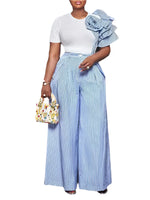 Stripe Print Flower Ruffle Sleeve Shirt Top and Wide Leg Pants 2pc Set