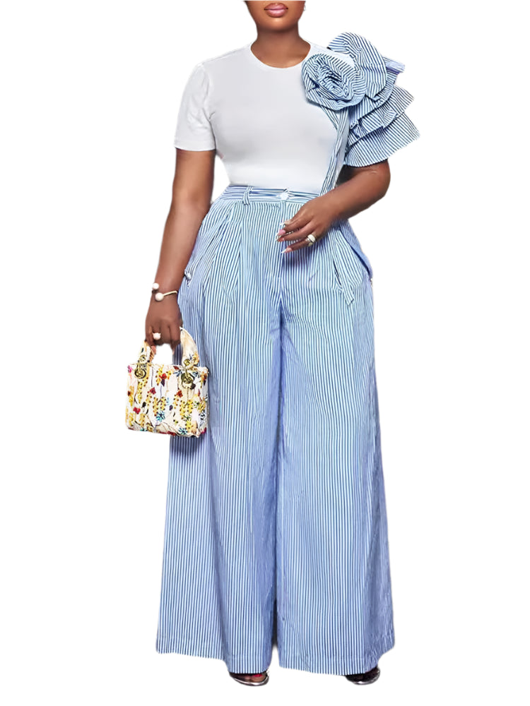 Stripe Print Flower Ruffle Sleeve Shirt Top and Wide Leg Pants 2pc Set
