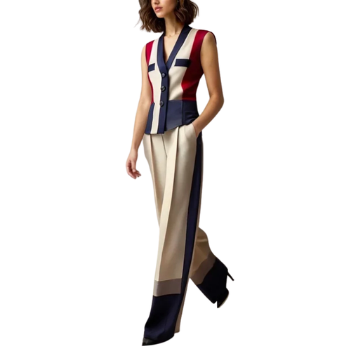New Spring Fall 2 Pieces Casual Blazer Suits for Woman Stripe Stitching Vest Tops Long Wide Leg Pant Outfit Sets- Arimonz