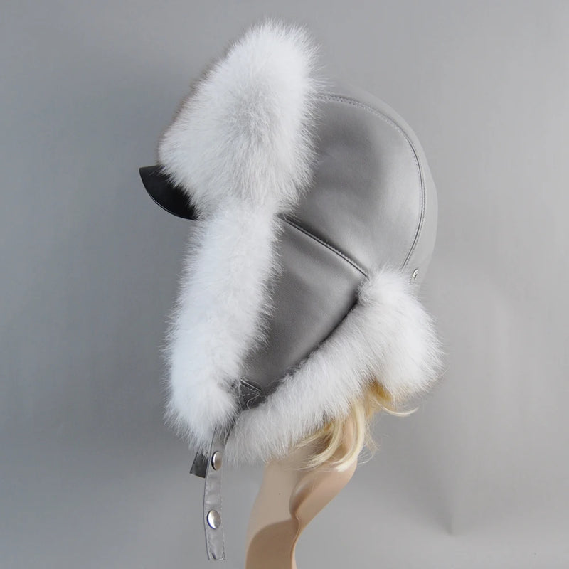 Real Leather Fox Fur Women Hat Snow Skiing Earflap Winter Outdoor Cap